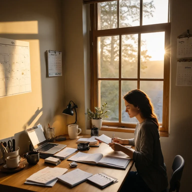 A cozy morning scene featuring a person waking up early with a sunrise streaming through the window. The individual is making coffee, reading a book, and journaling at a tidy desk. A wall calendar and a to-do list are visible, emphasizing the importance of starting the day with intention and structure.