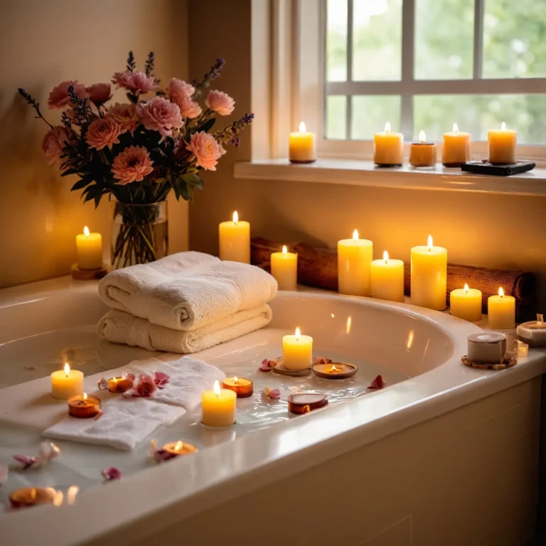 A luxurious, relaxing bath scene with soft lighting, candles around the bathtub, and a peaceful ambiance. The focus is on self-care practices related to relaxation and stress relief, with flowers, essential oils, and a towel on the edge of the tub