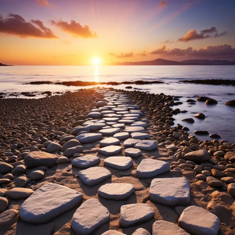 A path of rugged stepping stones leading toward a glowing sunrise or a bright horizon. The stones symbolize failures, and the horizon represents success and growth.