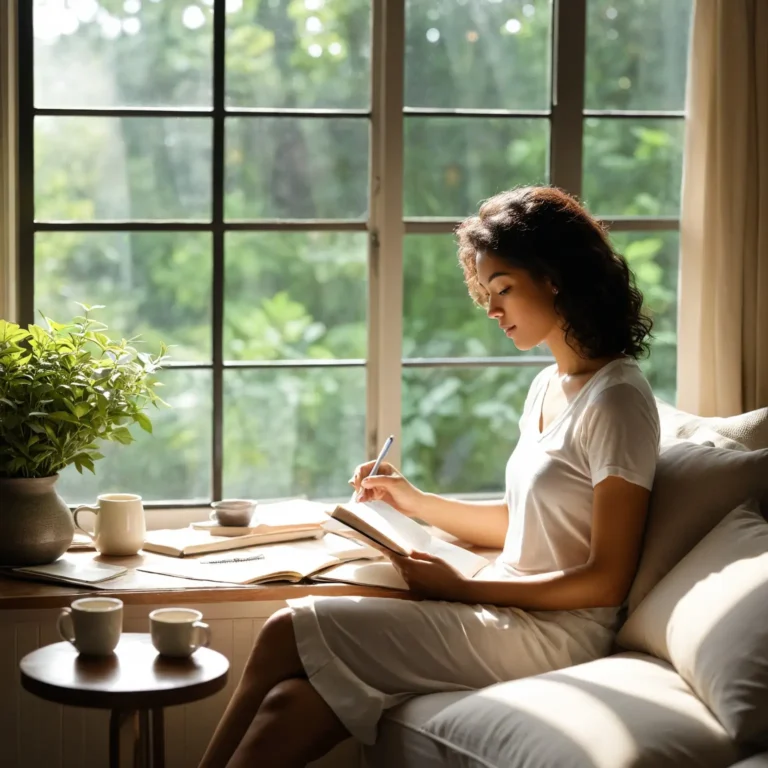 A woman sits comfortably by a large window, writing in a notebook. She has curly hair and is dressed in a simple white outfit. Sunlight streams through the window, illuminating the cozy space filled with greenery. A small table nearby holds two cups and some open books, creating a serene atmosphere for reflection and creativity.