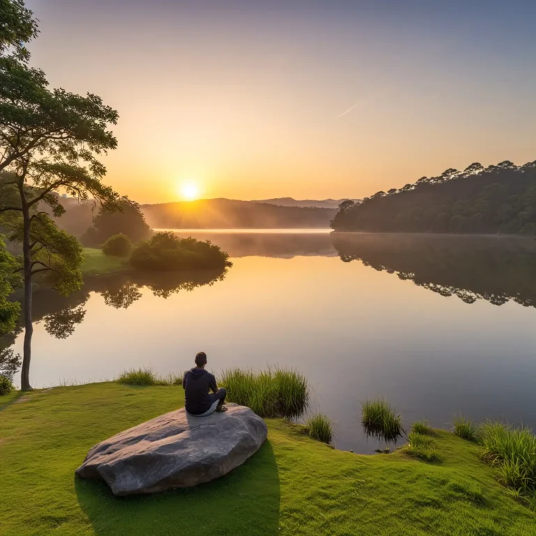 A serene landscape featuring a sunrise over a tranquil lake, surrounded by lush greenery. In the foreground, a person is sitting peacefully on a rock, taking in the beauty of nature. This image symbolizes appreciation for the world around us.