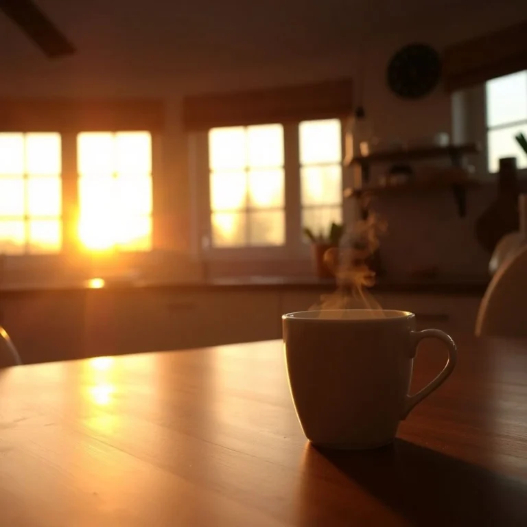 A steaming cup of coffee or tea sits on a wooden table, with the warm glow of the setting sun filtering through large windows in the background. The sunlight creates a cozy ambiance, highlighting the steam rising from the cup. The scene evokes a sense of tranquility and comfort, perfect for a moment of relaxation.