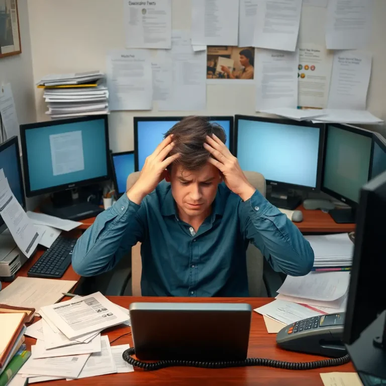 A person sitting at a cluttered desk, surrounded by multiple screens, papers, and a buzzing phone. Their hands are covering their ears, and their expression shows stress and overwhelm.