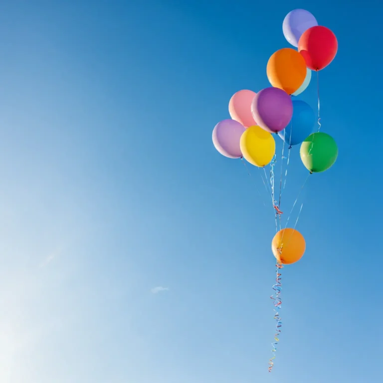 A serene image of colorful balloons being released into a clear blue sky. Each balloon represents emotions, memories, or attachments being let go. The calm sky symbolizes the freedom and peace that comes with release.
