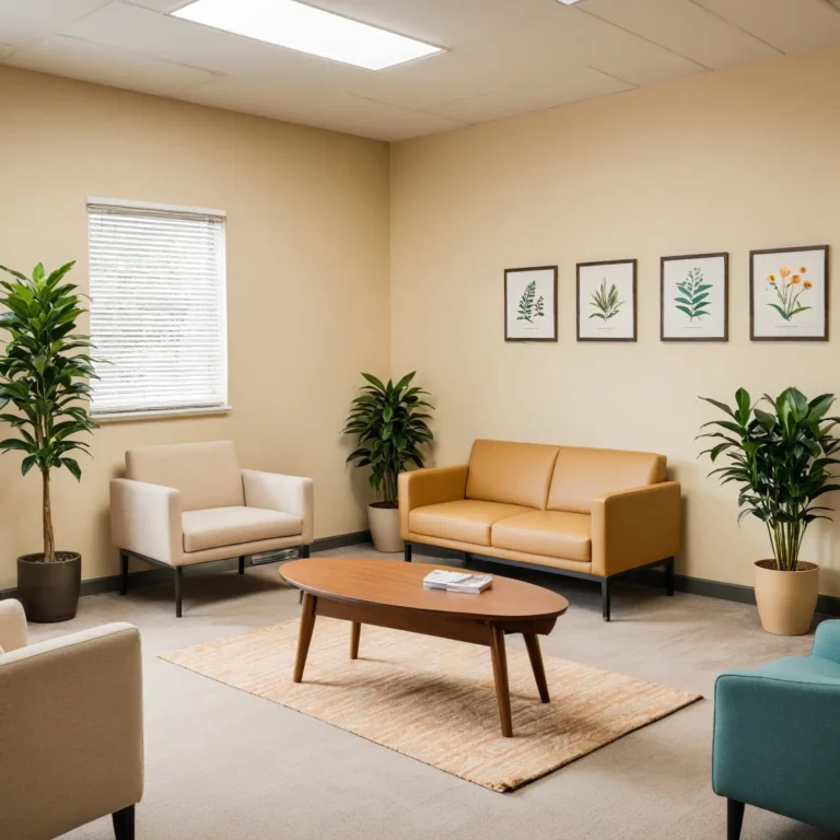 An inviting therapy room with cozy chairs, a warm color palette, indoor plants, and serene artwork designed to promote comfort and relaxation.