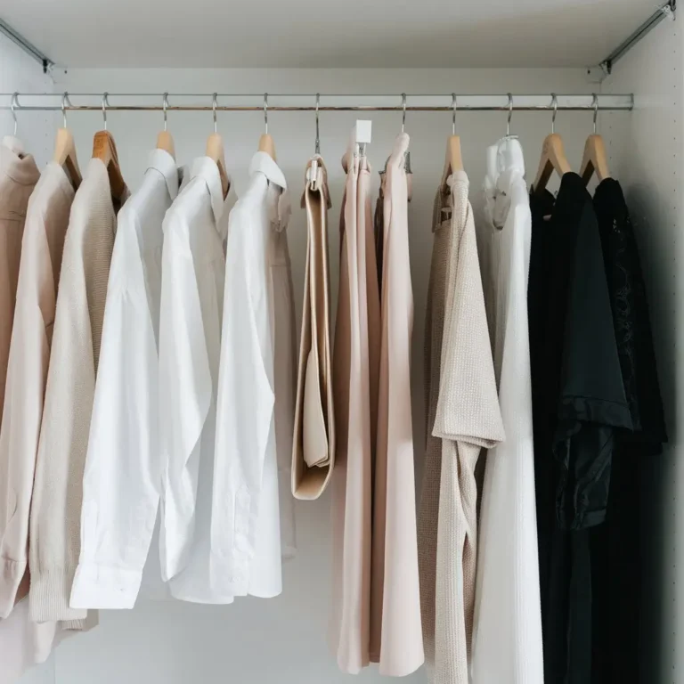 A neatly organized minimalist wardrobe featuring a small selection of neutral-toned clothing items such as white shirts, beige trousers, and black dresses. Wooden hangers and a clutter-free arrangement emphasize simplicity and functionality.
