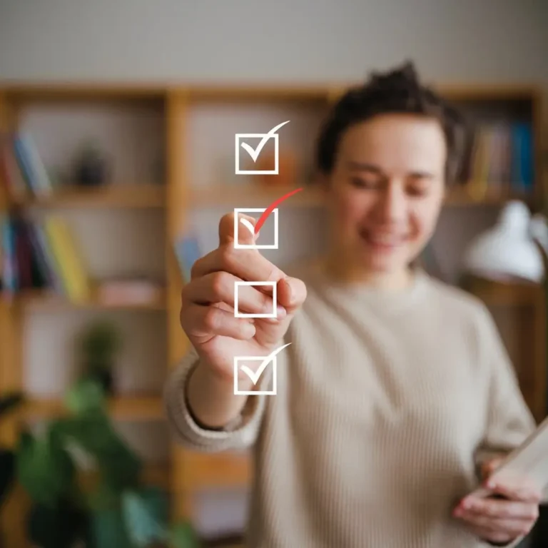 A person checking off a task on a neatly written to-do list, their expression radiating satisfaction and focus. The background shows a clean and organized workspace, symbolizing clarity and dedication to staying on track. A caption like "Stay Focused and Achieve More" could complement the image.