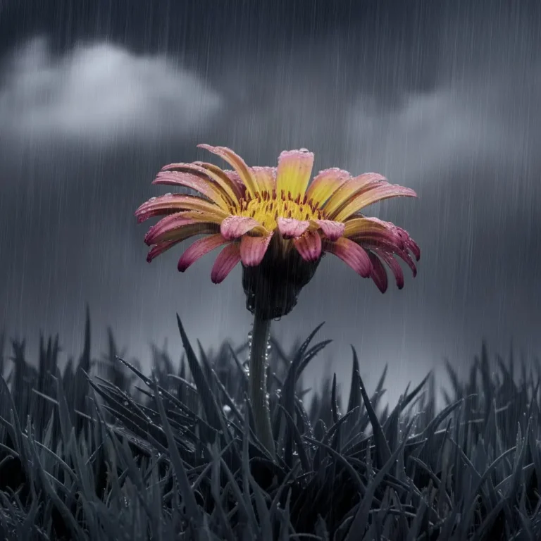 A single flower blooming in a rain-soaked environment, surrounded by dark clouds. The flower's vibrant colors contrast with the gray backdrop, symbolizing hope and resilience amidst adversity. Raindrops glisten on the petals, capturing the essence of strength in challenging conditions.