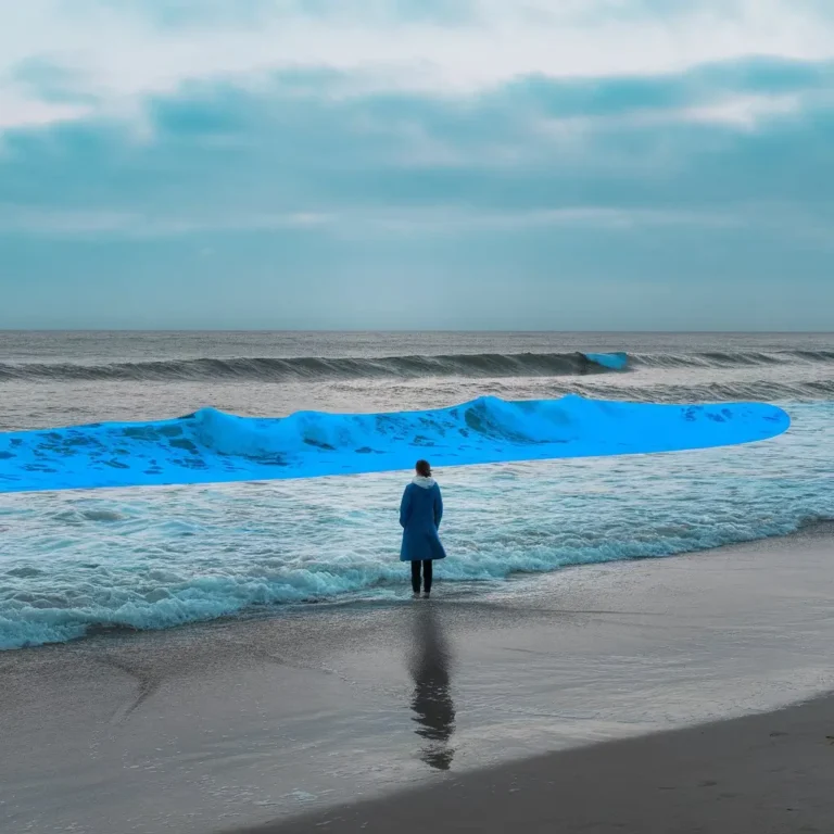 A person standing on a beach, watching waves crash against the shore. The waves could be colored to represent different emotions (e.g., blue for sadness, red for anger, yellow for joy)