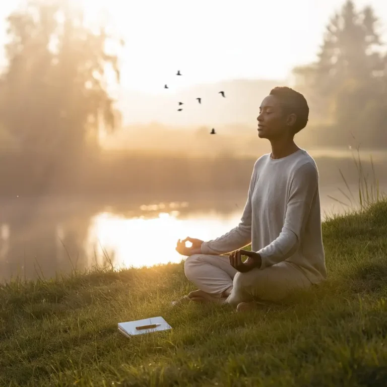 A serene outdoor setting during sunrise, with soft golden light filtering through trees. A person is sitting cross-legged on a grassy hill, meditating peacefully. They are wearing comfortable, neutral-toned clothing, and their eyes are gently closed. In the foreground, there’s a small journal and a pen lying on the grass, symbolizing gratitude and mindfulness. The background shows a calm lake reflecting the sunrise, with a few birds flying in the distance. The overall atmosphere is tranquil, warm, and uplifting, evoking a sense of inner peace and happiness.