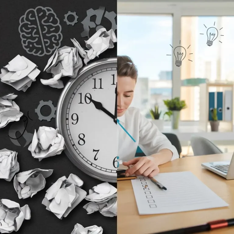 A split image depicting two contrasting scenes: on the left, crumpled paper and a clock symbolize procrastination and time management struggles; on the right, a focused individual sitting at a desk with a to-do list and lightbulbs representing ideas and productivity.
