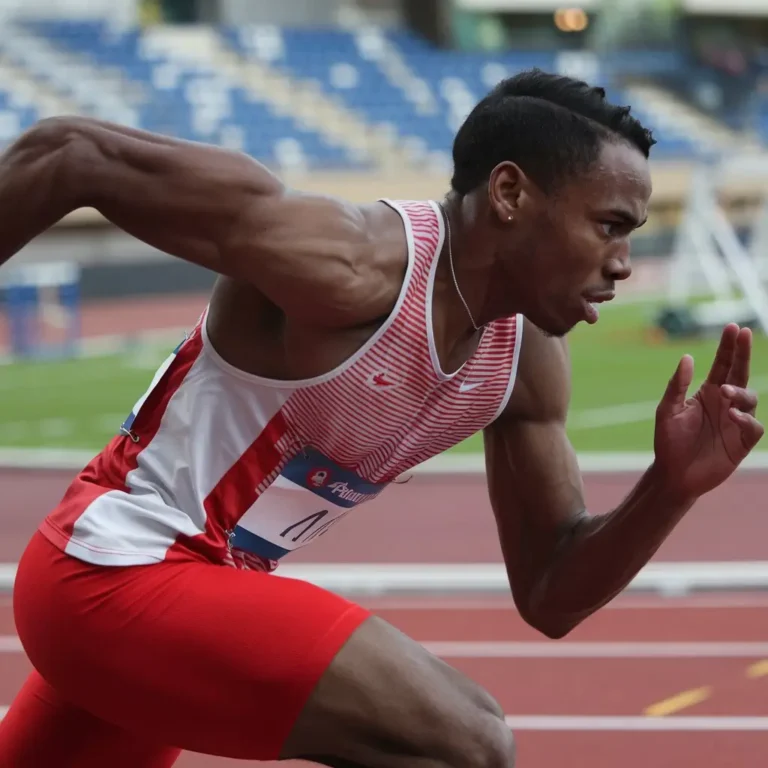 An action shot of a focused athlete (e.g., a runner or swimmer) in a moment of visualization before a competition. The background can be a stadium or pool, with the athlete in a meditative pose, showcasing determination and mental preparation.