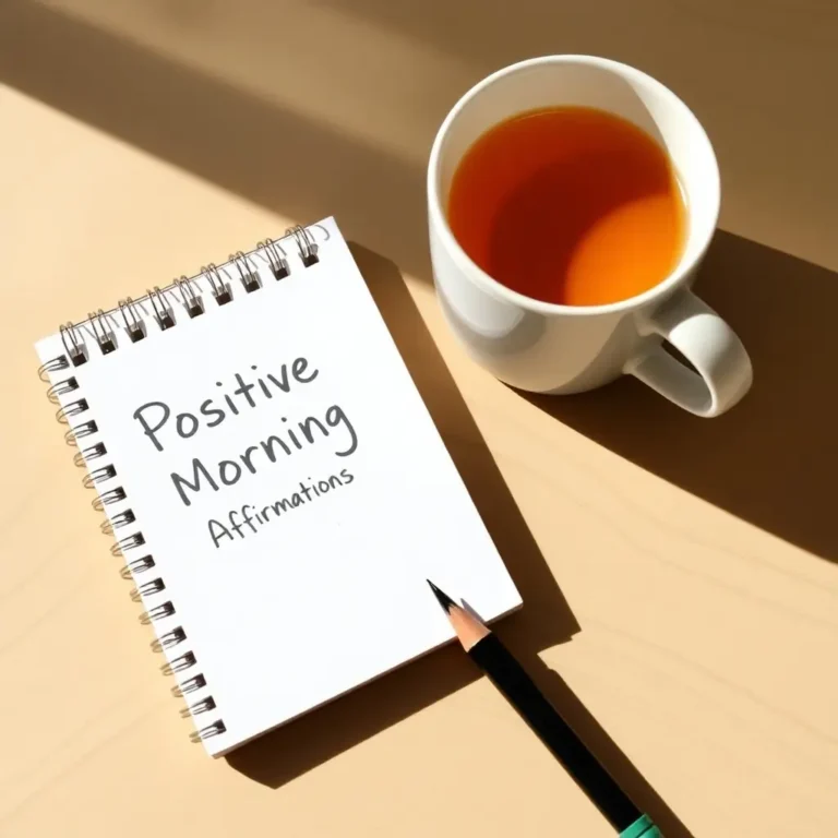 Notebook with the text 'Positive Morning Affirmations' next to a cup of tea or coffee and a pencil on a wooden surface