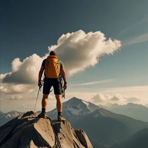 A climber triumphantly standing on a mountain peak, illustrating the achievement and resilience involved in overcoming challenges.