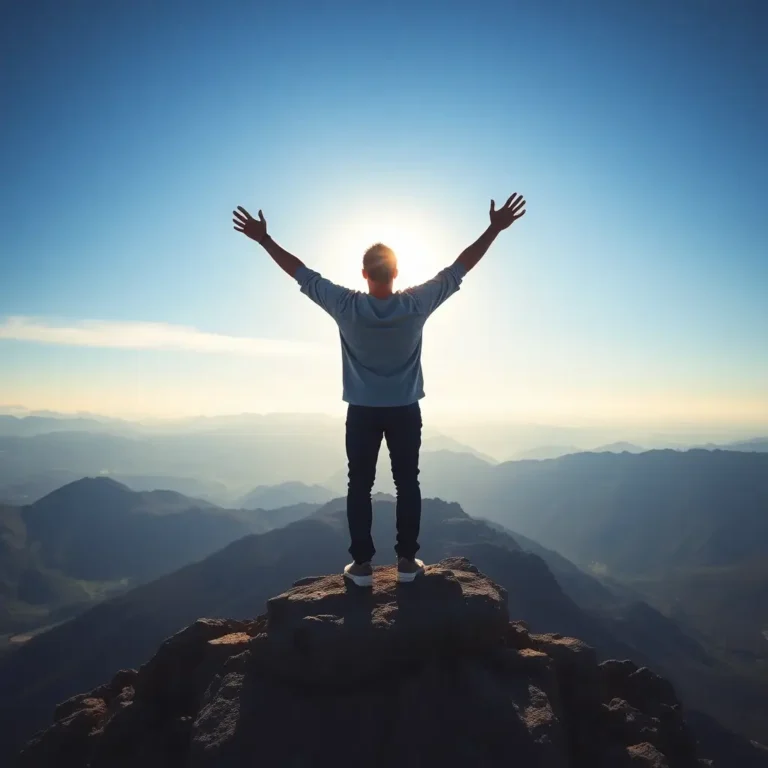 A man standing on a mountain peak, arms raised in triumph. The stunning landscape symbolizes overcoming challenges and achieving personal growth.