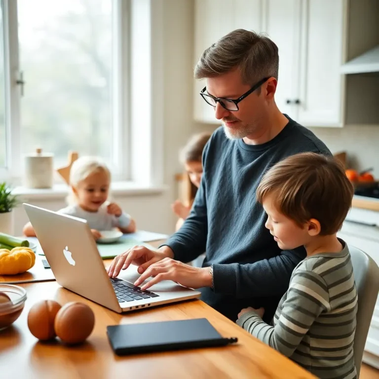 A parent multitasking at home, balancing work on a laptop while cooking or helping children with homework.
