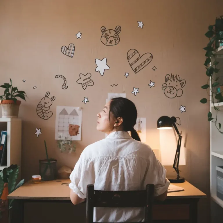 : A person sitting at a desk, staring blankly at a wall, with doodles and sketches surrounding them, illustrating the contrast between boredom and creativity.