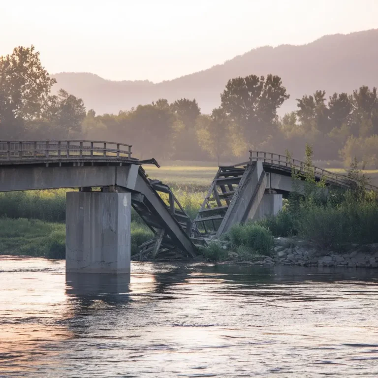 Description: A visually striking image of a broken or crumbling bridge over a river, symbolizing the disconnect and challenges in relationships caused by abandonment issues.