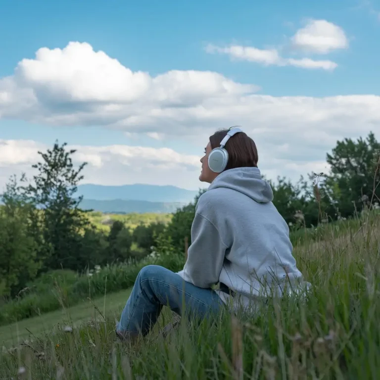 A serene outdoor setting with a person sitting on a grassy hill, wearing headphones and gazing at the sky. The scene conveys a sense of mindfulness and connection to music, emphasizing its calming effects.