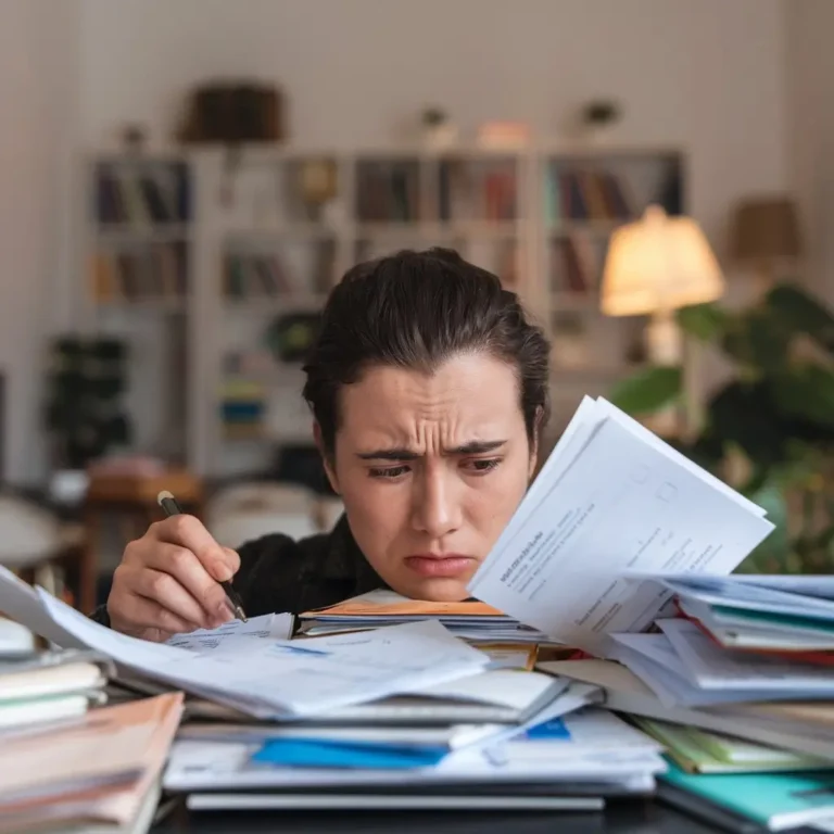 A close-up of a person looking worried while reviewing bills and financial documents at a cluttered desk, depicting the emotional toll of financial stress.