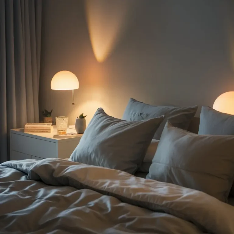 A serene, dimly lit bedroom featuring a comfortable bed with soft pillows, a calming color palette, and gentle lighting to evoke a sense of relaxation and slee