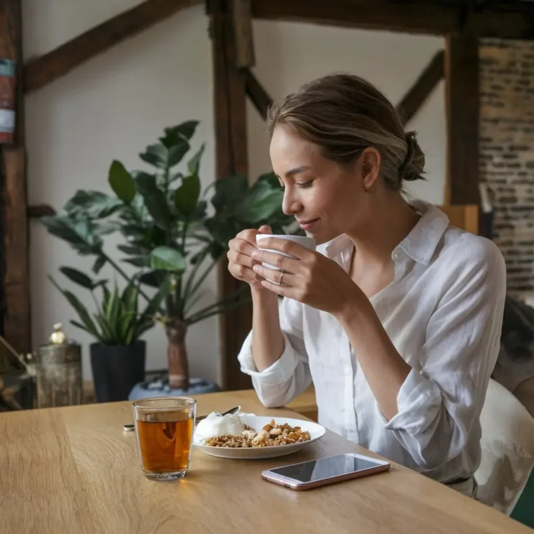 Morning Routine Without Screens A peaceful morning scene showing a person enjoying breakfast while reading a book, with a smartphone turned off nearby, emphasizing a mindful start to the day.