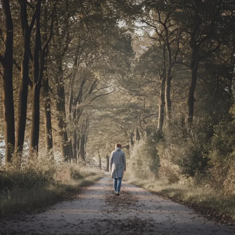 An individual walking on a path through a serene forest, symbolizing the journey of self-discovery and healing from insecure attachment. Soft sunlight filters through the trees, creating a peaceful atmosphere.