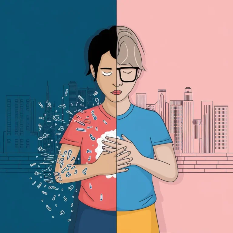 split image showing a person struggling with OCD on one side (e.g., engaging in compulsive behaviors) and the same person enjoying a fulfilling life on the other side. This can illustrate the contrast between living with OCD and finding relief through treatment.