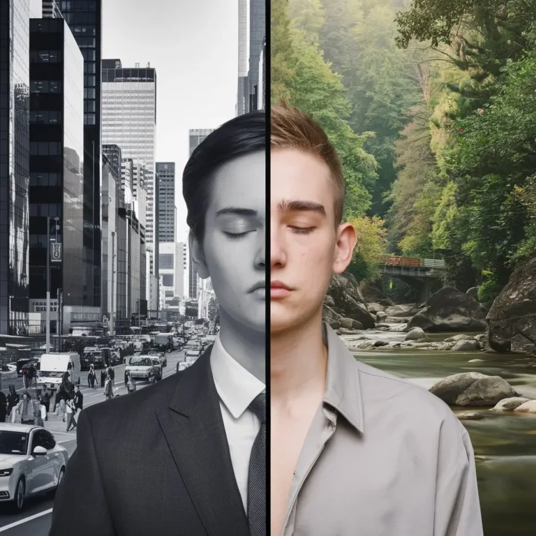 A split image showing two people in different scenarios, one in a busy city and one in a calm nature setting. This illustrates contrasting lifestyles and the pressure of societal expectations.