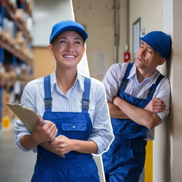 A split-screen image—on one side, a happy, motivated worker, and on the other, the same person looking exhausted, slouched, and unmotivated.