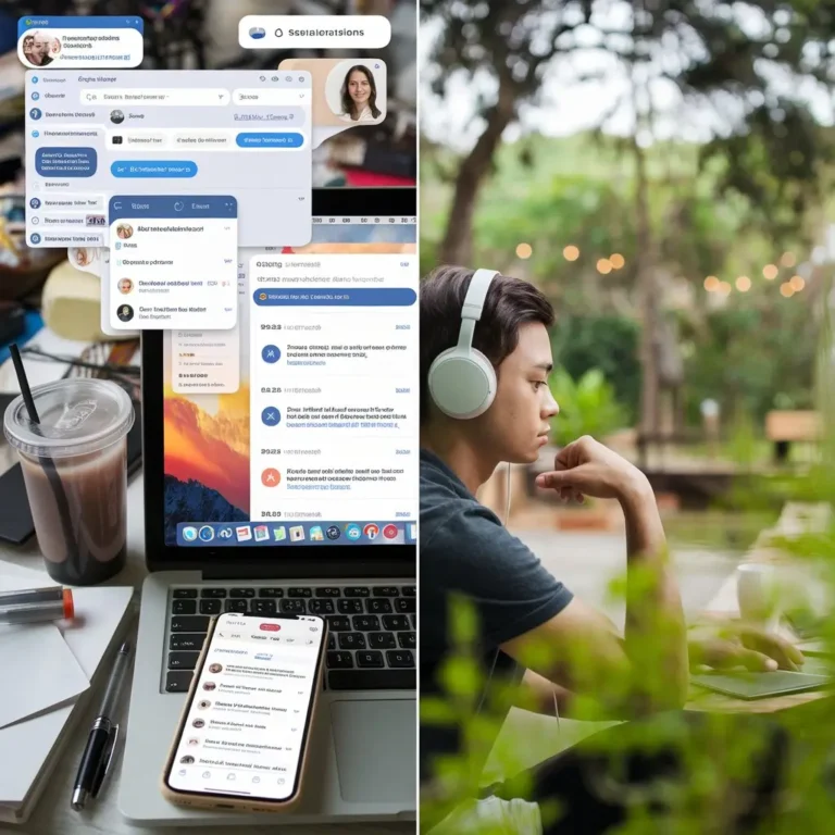 A visual comparison showing one side with multiple distractions (like notifications, social media) and the other side depicting a focused individual working in a serene environment.