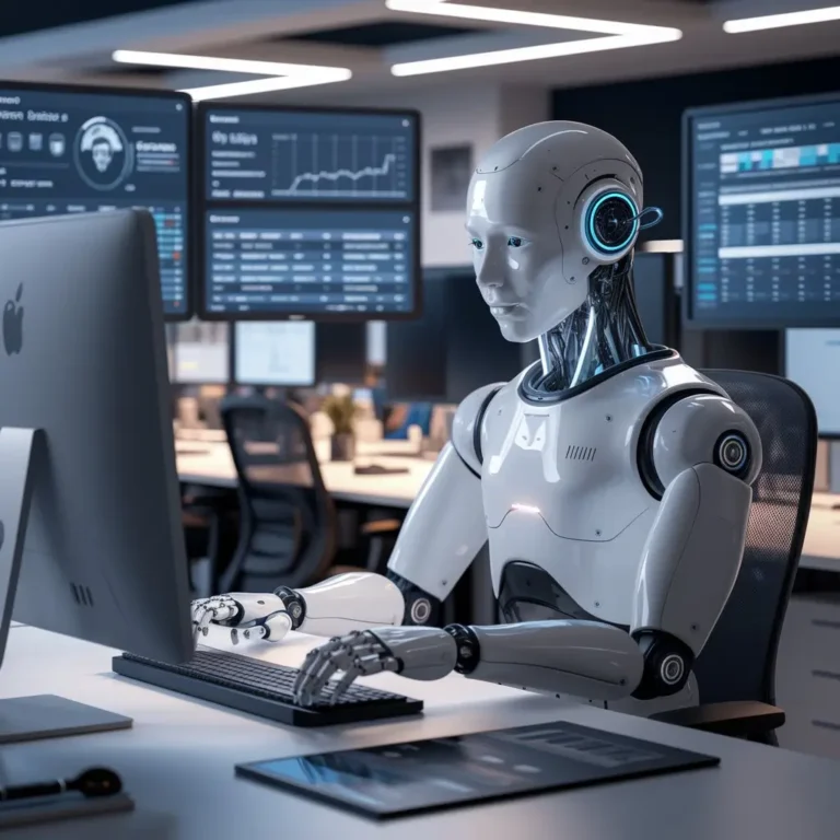 A visual representation of a robot or AI system automating office tasks, such as data entry or scheduling, highlighting the ease and efficiency it brings to the workplace.