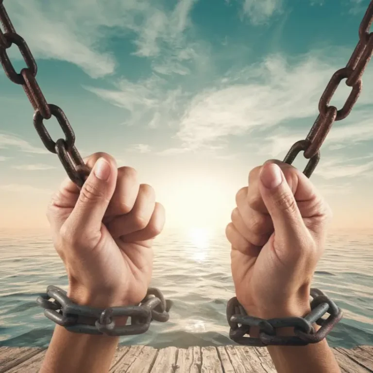 A pair of hands breaking free from chains, symbolizing the release from limiting beliefs. The background can show a bright horizon, representing new possibilities.