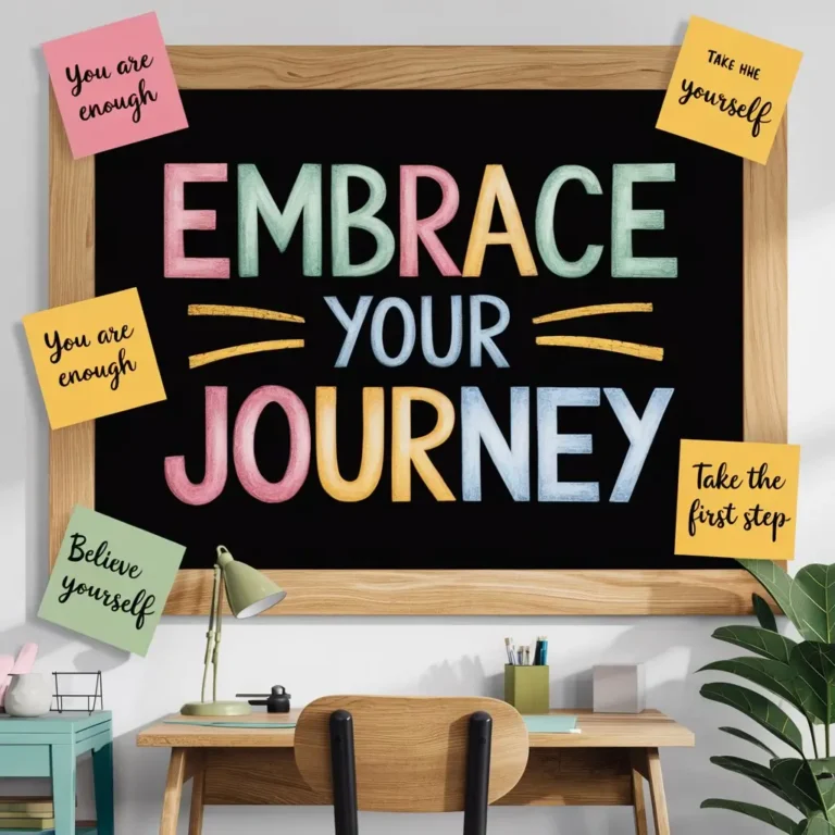 A colorful chalkboard or post-it notes with uplifting affirmations written on them, such as "You are enough" and "Embrace your journey," placed in a bright, cheerful room.