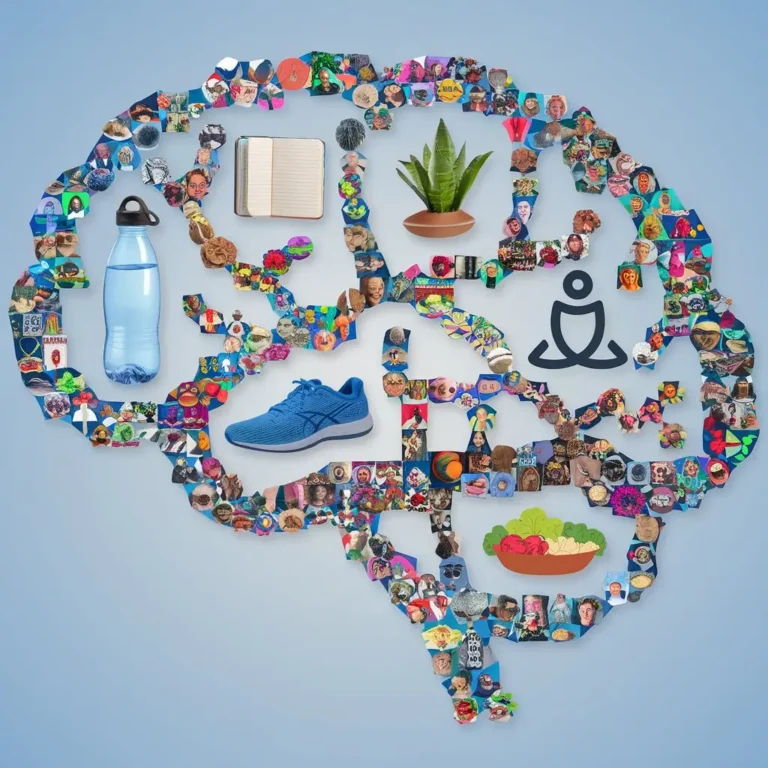 A colorful mosaic made up of small images representing various micro-habits (like a water bottle, a journal, a pair of running shoes). The mosaic should form a larger image, such as a heart or a brain, symbolizing the cumulative impact of these habits on well-being.