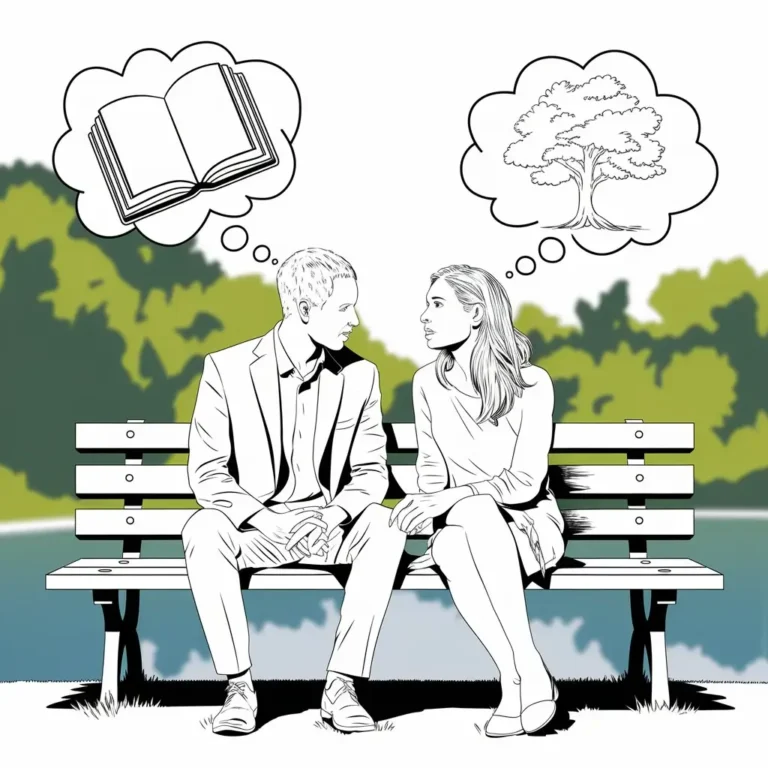 Two individuals sitting on a park bench, discussing passionately with visual thought bubbles showcasing their contrasting perspectives. This illustrates the importance of understanding different viewpoints.