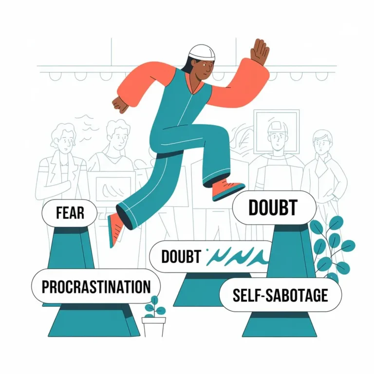 A person jumping over various obstacles labeled with negative thoughts (like "fear," "doubt," "procrastination") to illustrate the challenges of self-sabotage.