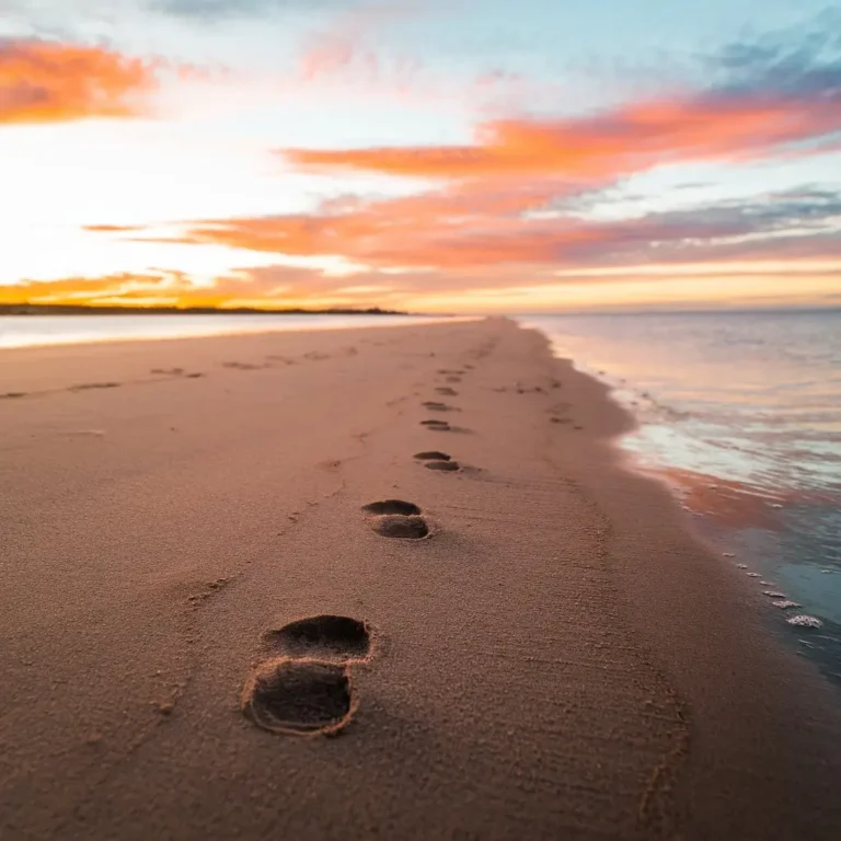 A pair of footprints leading along a sandy beach, symbolizing the journey of life and the steps we take through various transitions.