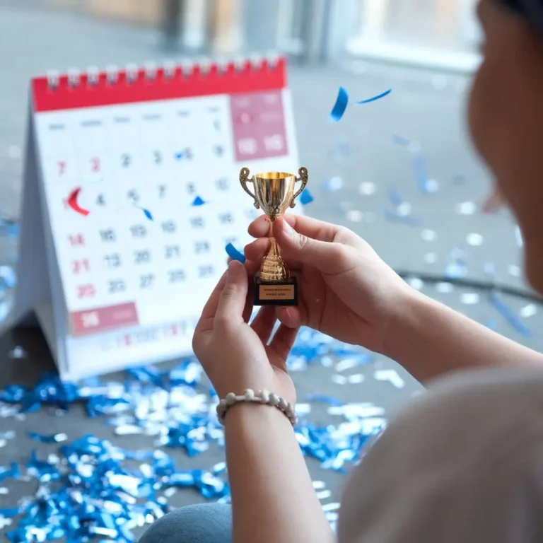 A joyful scene of a person celebrating a goal achievement, holding a small trophy or confetti, with a calendar in the background marking their progress.