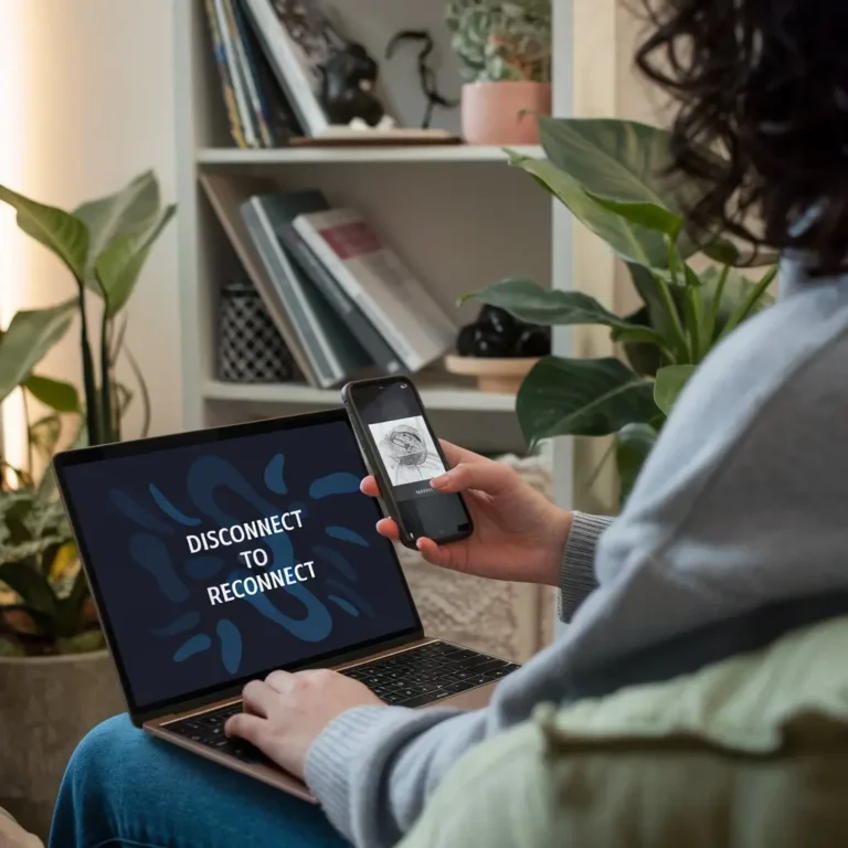 A person turning off their smartphone or laptop, symbolizing a break from technology. The background could be a cozy space with plants and soft lighting to suggest a peaceful atmosphere.