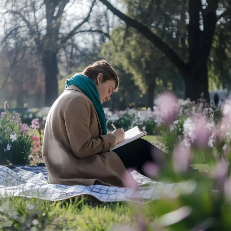 Journaling in Nature A person sitting on a picnic blanket in a park, writing in a journal with a beautiful natural backdrop. Flowers and trees surround them, symbolizing connection with nature and self-reflection.
