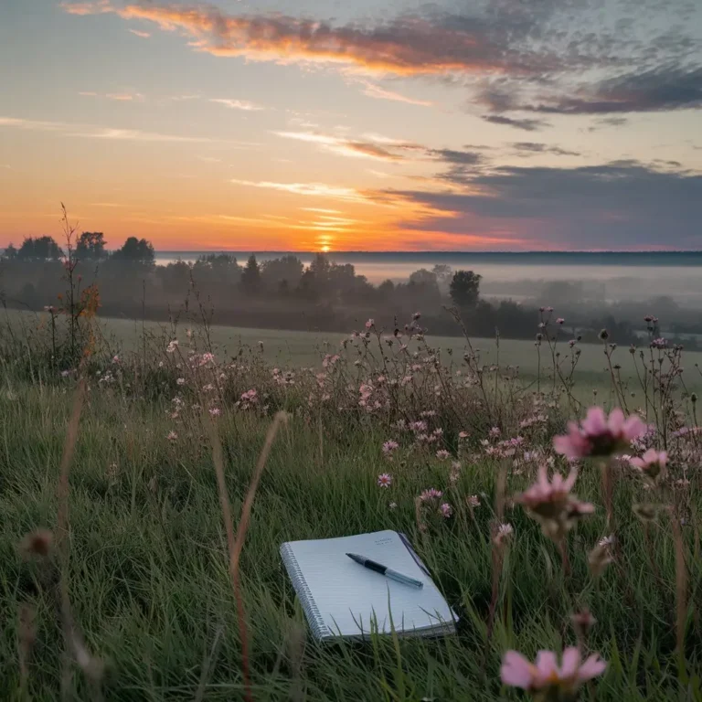 A picturesque sunrise over a calm landscape, with a journal and pen placed on a grassy field, symbolizing new beginnings and inspiration.