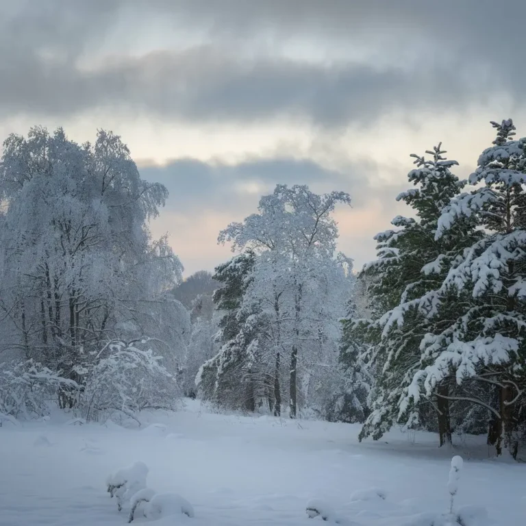 A serene winter scene featuring snow-covered trees and a soft, cloudy sky. This image can evoke the feeling of winter, often associated with seasonal depression.