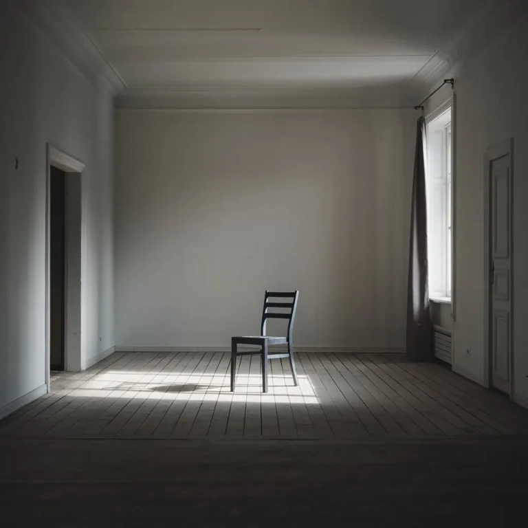 A stark, empty room with a single chair in the center. Soft light filters in through a window, casting shadows. This image symbolizes solitude and the feeling of being alone.