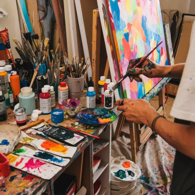 An artist’s studio filled with vibrant colors, paintbrushes, and canvases. The artist is deeply engaged in painting, illustrating the flow state through