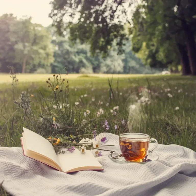 A serene outdoor scene featuring a picnic blanket spread out in a park, with an open notebook, wildflowers, and a steaming cup of herbal tea, inviting viewers to embrace planning in nature.