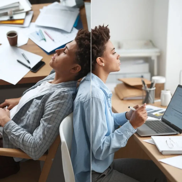 A split image showing two scenarios: one side depicting a person struggling with fatigue and lack of focus, and the other showing the same person well-rested and productive, illustrating the contrast.