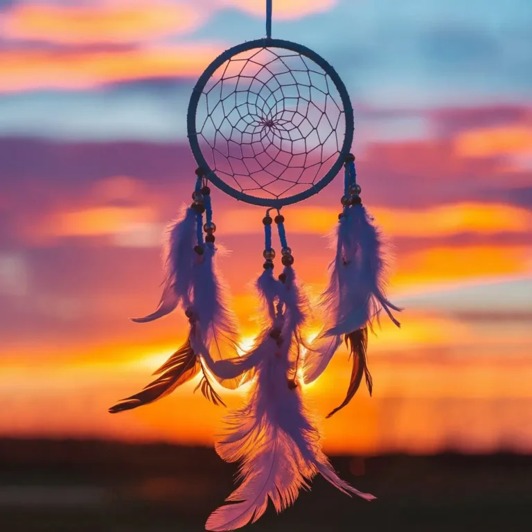 A beautifully crafted dream catcher hanging against a vibrant sunset backdrop. The dream catcher symbolizes the process of capturing dreams and intentions, representing the act of manifesting them into reality.