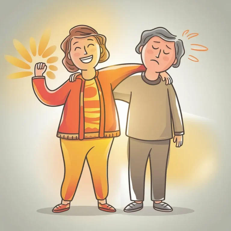 An illustration of two people standing side by side. The first person is vibrant and colorful, representing energy, with a bright aura and a joyful expression. They wear lively clothing in warm colors, like orange and yellow. The second person is grey and dull, symbolizing energy drain, with a tired expression and a faint aura. They wear simple, muted clothing. The background features a soft gradient to emphasize the contrast between the two figures, highlighting the theme of energy and depletion.