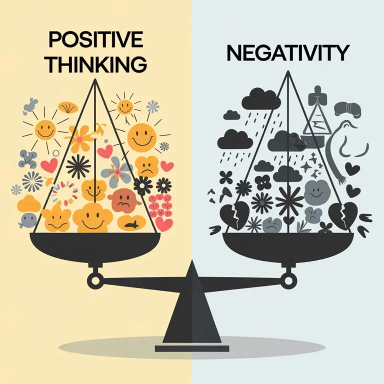 A visual representation of a scale with one side labeled "Positive Thinking" filled with bright, uplifting symbols (like sunshine, smiles, and flowers) and the other side labeled "Negativity" with darker, heavier symbols (like storm clouds, frowns, and broken hearts).